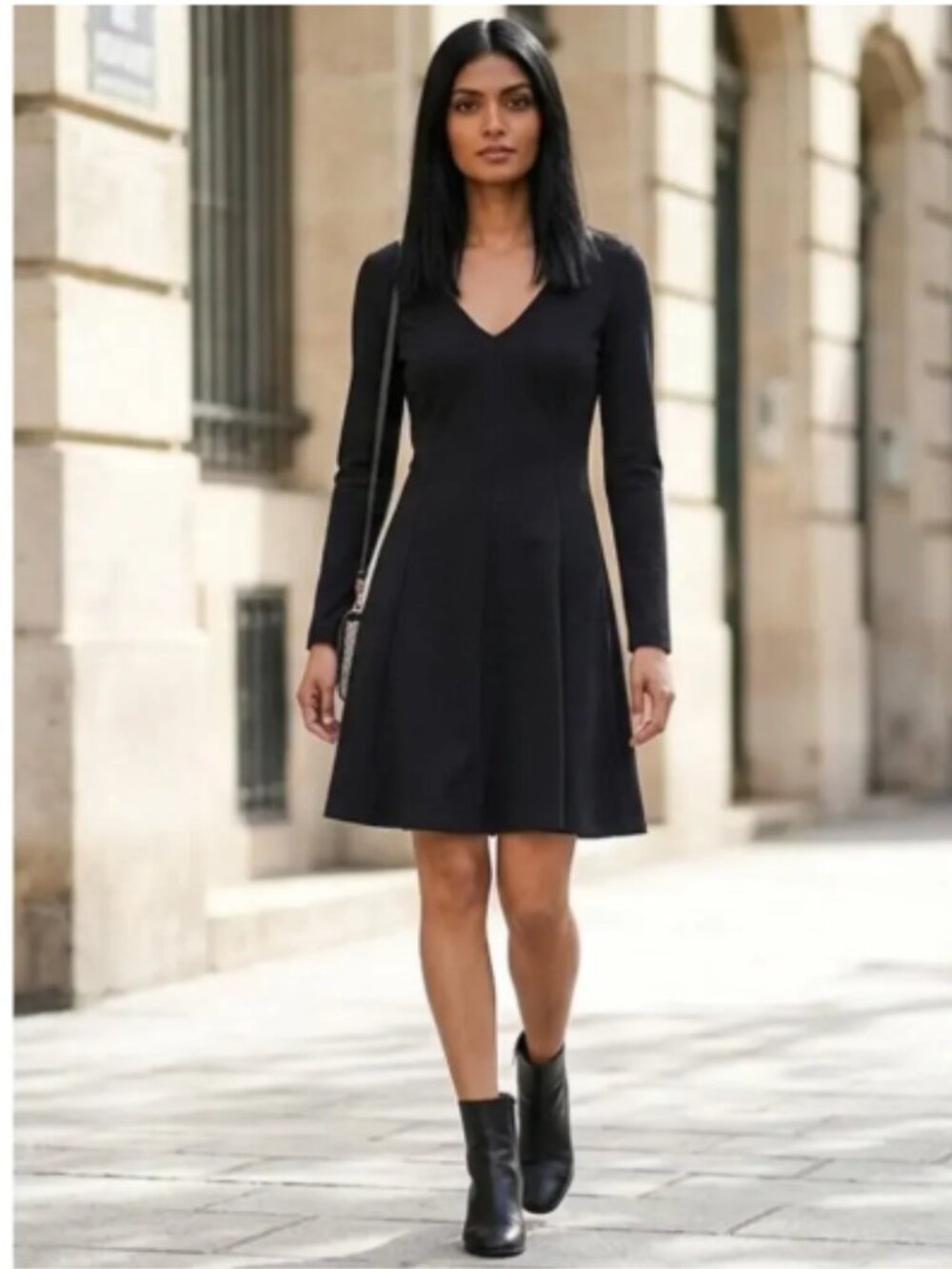LOFT Long Sleeve V-Neck Black Dress | 0 Petite